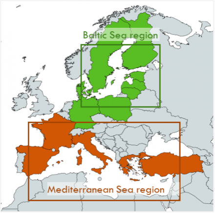 Map highlighting Baltic and Mediterranean regions